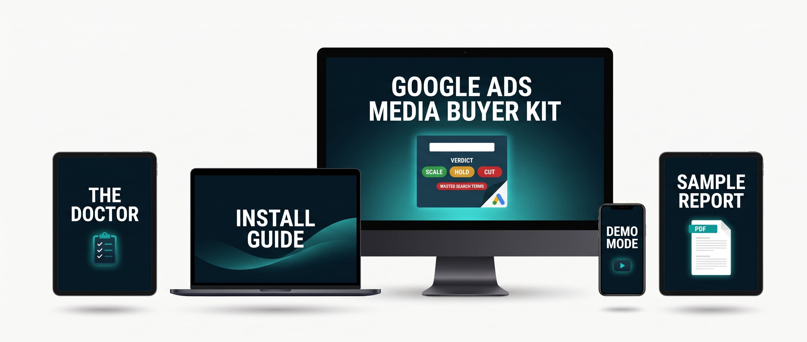 Everything inside the Google Ads Media Buyer Kit, the doctor, the install guide, demo mode and the sample report