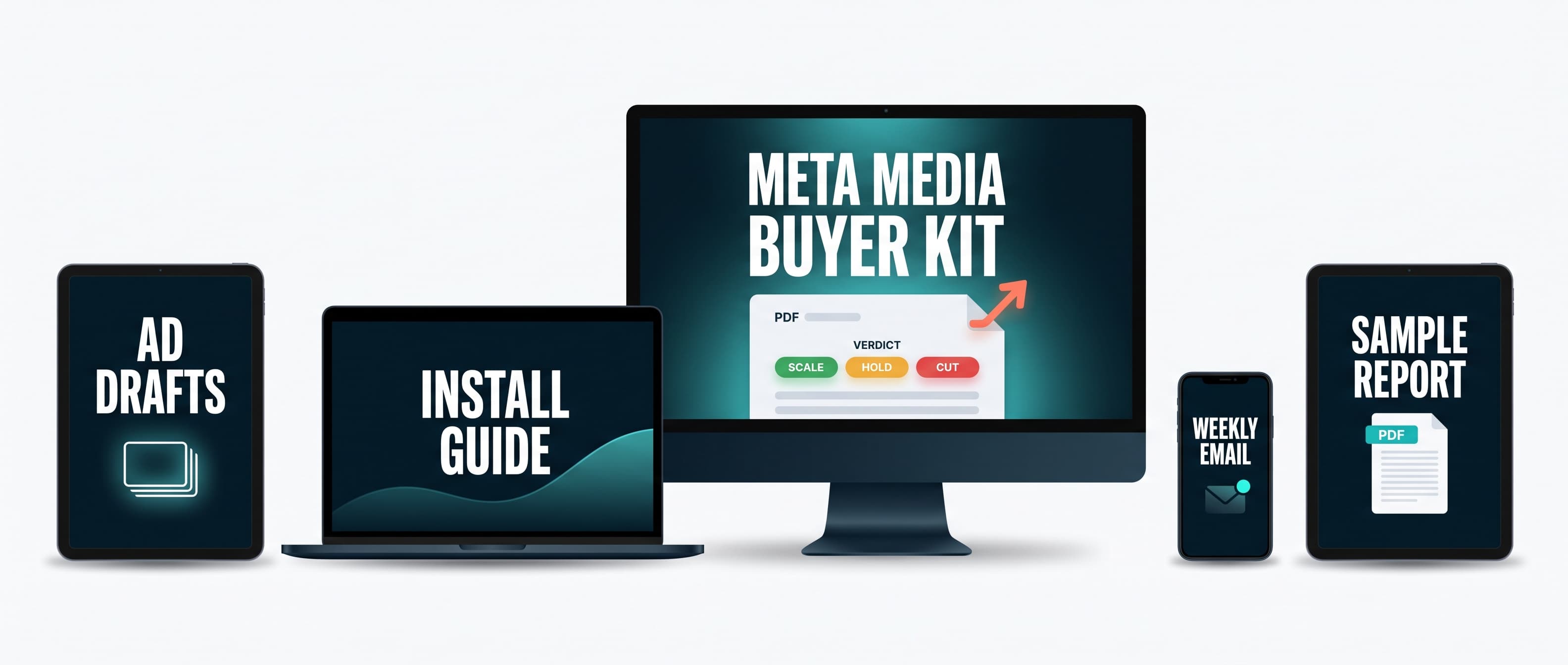 Everything inside the Meta Media Buyer Kit, the install guide, ad drafts, weekly email delivery and the sample report