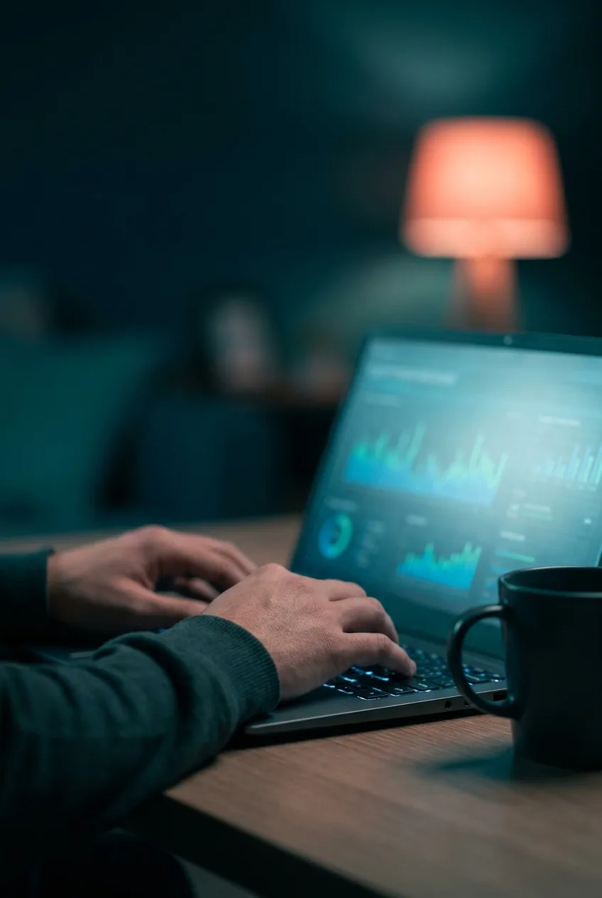 Working through a client report on a laptop