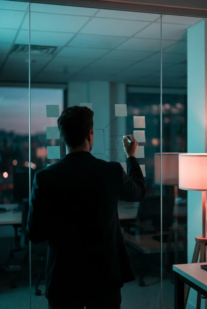 Mapping a workflow on a glass wall with sticky notes