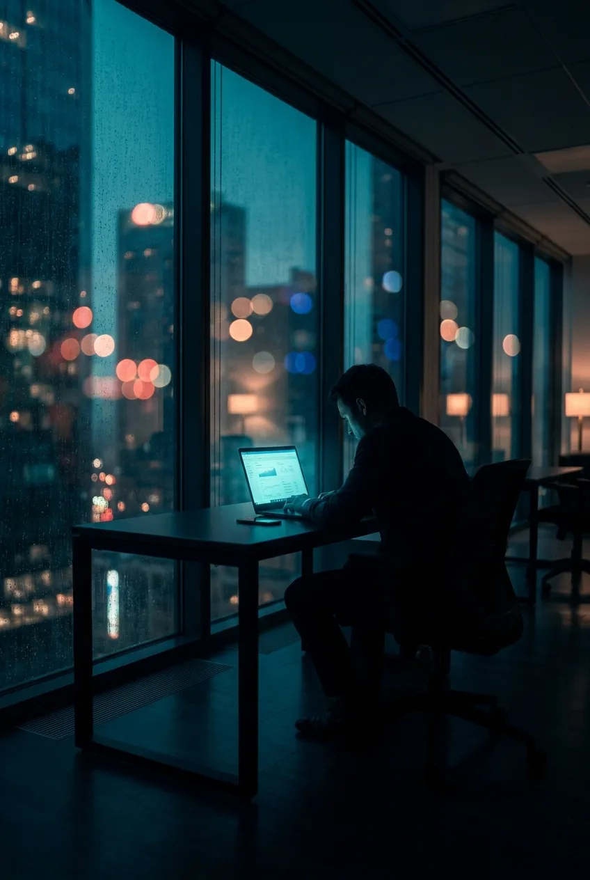 Working late on reporting in a city office